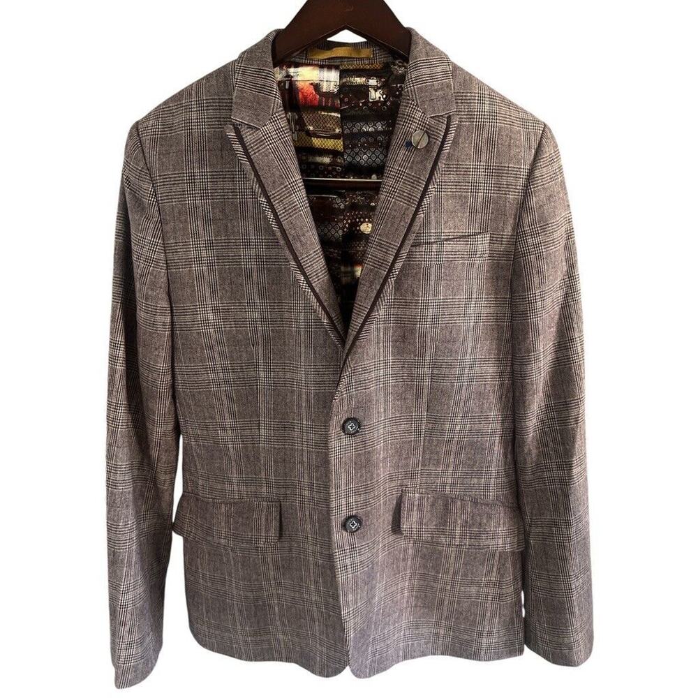Ted Baker London Mens Designer Suit Jacket Blazer Brown Plaid Sz 3